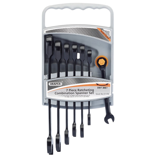 Draper HI-TORQ Metric Ratcheting Combination Spanner Set, Black (7 Piece) Draper - Dynamic Drive