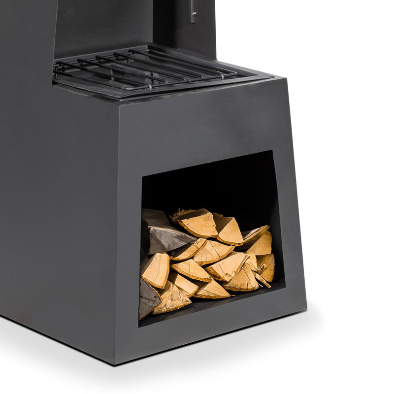 Dellonda Outdoor Chiminea Fireplace Fire Pit Heater Firewood Storage Black Steel Dellonda  - Dynamic Drive