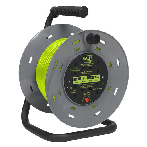 Sealey 25m Cable Reel with Thermal Trip 4 x 230V - Hi-Vis Green BCR25G Sealey - Dynamic Drive
