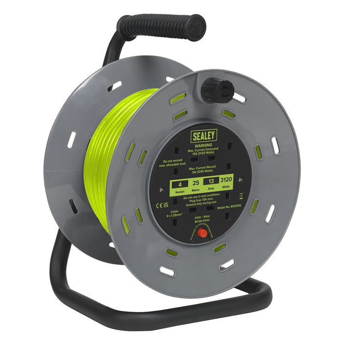 Sealey 25m Cable Reel with Thermal Trip 4 x 230V - Hi-Vis Green BCR25G Sealey - Dynamic Drive
