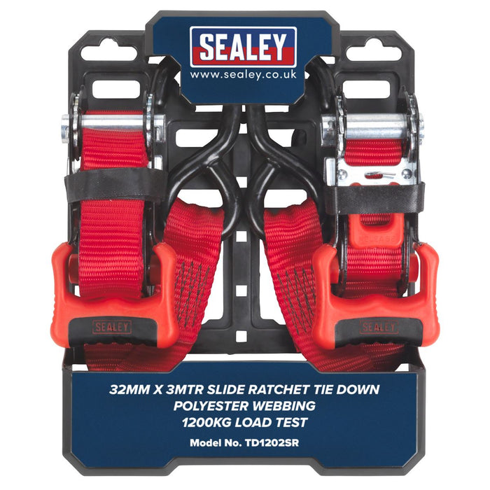 Sealey Slide Ratchet Tie Down 32mm x 3m Polyester Webbing with S-Hooks 1200kg Br Sealey - Dynamic Drive