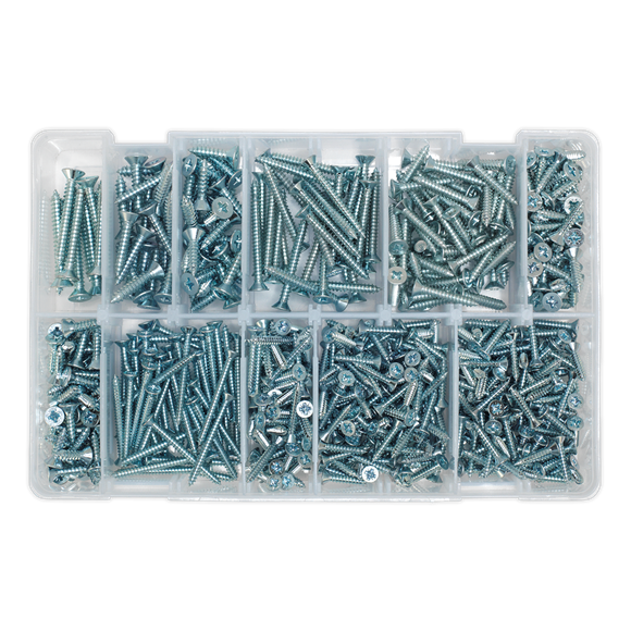 Sealey Self Tapping Screw Assortment 600pc Countersunk Pozi Zinc AB065STCP Sealey - Dynamic Drive