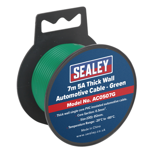 Sealey Automotive Cable Thick Wall 5A 7m Green AC0507G Sealey - Dynamic Drive
