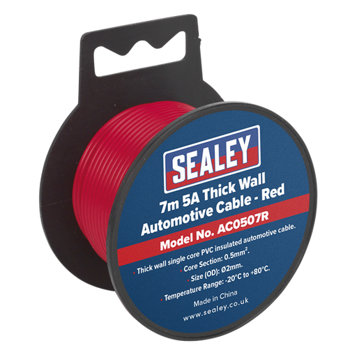 Sealey Automotive Cable Thick Wall 5A 7m Red AC0507R Sealey - Dynamic Drive