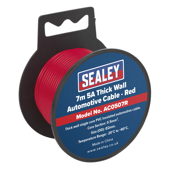 Sealey Automotive Cable Thick Wall 5A 7m Red AC0507R Sealey - Dynamic Drive