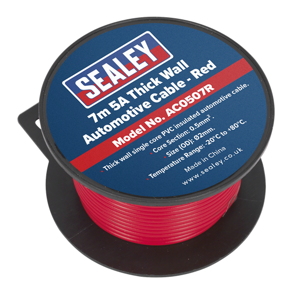 Sealey Automotive Cable Thick Wall 5A 7m Red AC0507R Sealey - Dynamic Drive