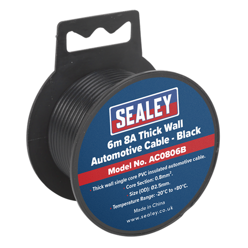 Sealey Automotive Cable Thick Wall 8A 6m Black AC0806B Sealey - Dynamic Drive