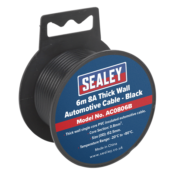 Sealey Automotive Cable Thick Wall 8A 6m Black AC0806B Sealey - Dynamic Drive