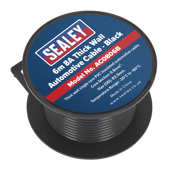 Sealey Automotive Cable Thick Wall 8A 6m Black AC0806B Sealey - Dynamic Drive