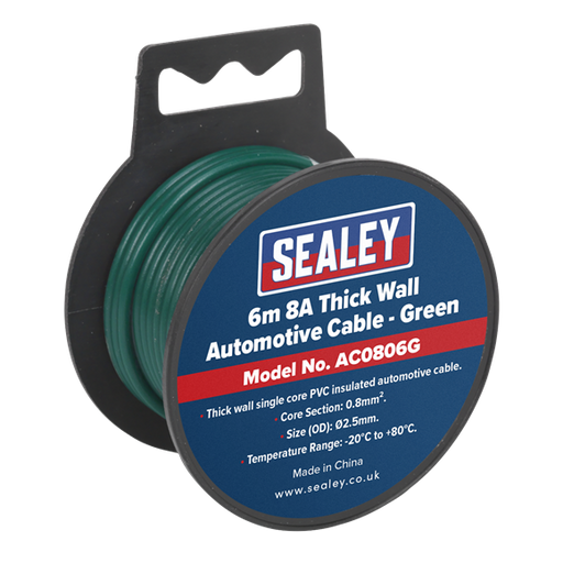 Sealey Automotive Cable Thick Wall 8A 6m Green AC0806G Sealey - Dynamic Drive