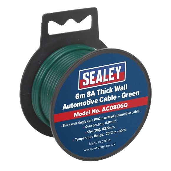 Sealey Automotive Cable Thick Wall 8A 6m Green AC0806G Sealey - Dynamic Drive