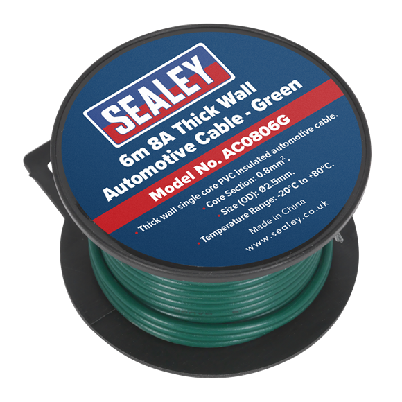 Sealey Automotive Cable Thick Wall 8A 6m Green AC0806G Sealey - Dynamic Drive