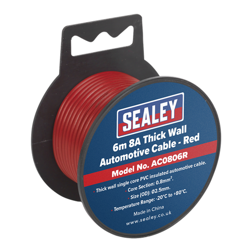 Sealey Automotive Cable Thick Wall 8A 6m Red AC0806R Sealey - Dynamic Drive