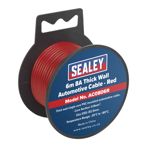 Sealey Automotive Cable Thick Wall 8A 6m Red AC0806R Sealey - Dynamic Drive