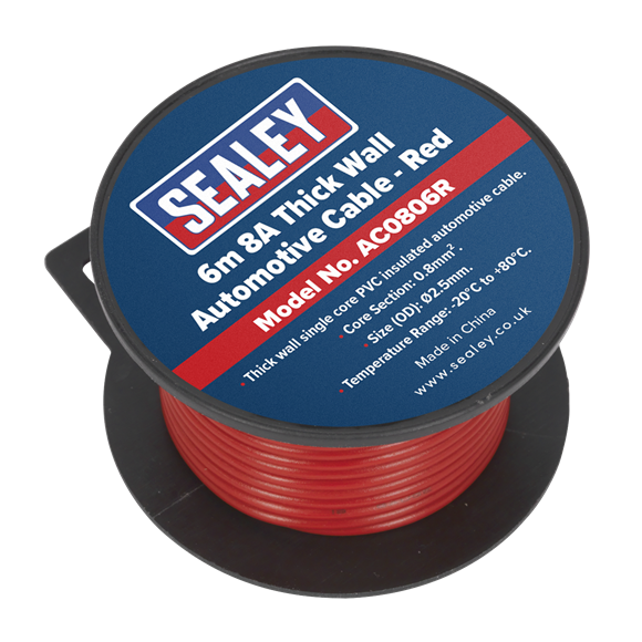 Sealey Automotive Cable Thick Wall 8A 6m Red AC0806R Sealey - Dynamic Drive