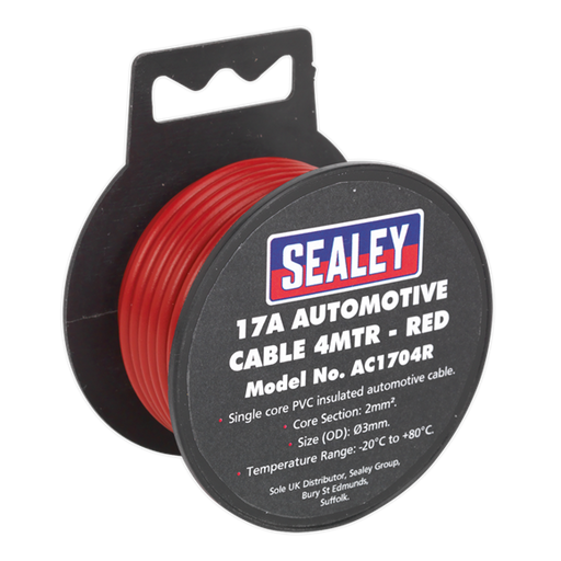 Sealey Automotive Cable Thick Wall 17A 4m Red AC1704R Sealey - Dynamic Drive
