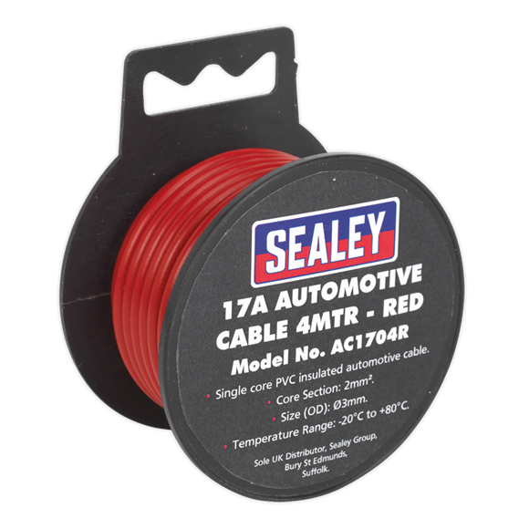 Sealey Automotive Cable Thick Wall 17A 4m Red AC1704R Sealey - Dynamic Drive