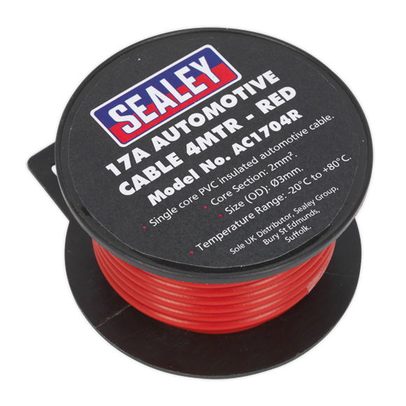 Sealey Automotive Cable Thick Wall 17A 4m Red AC1704R Sealey - Dynamic Drive