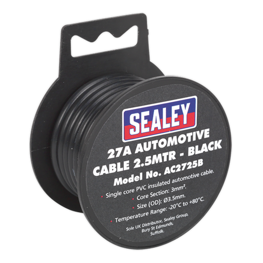 Sealey Automotive Cable Thick Wall 27A 2.5m Black AC2725B Sealey - Dynamic Drive