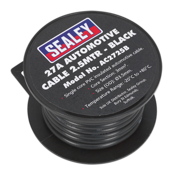 Sealey Automotive Cable Thick Wall 27A 2.5m Black AC2725B Sealey - Dynamic Drive