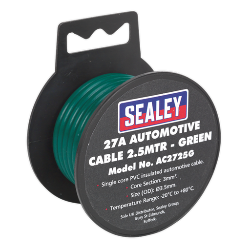 Sealey Automotive Cable Thick Wall 27A 2.5m Green AC2725G Sealey - Dynamic Drive