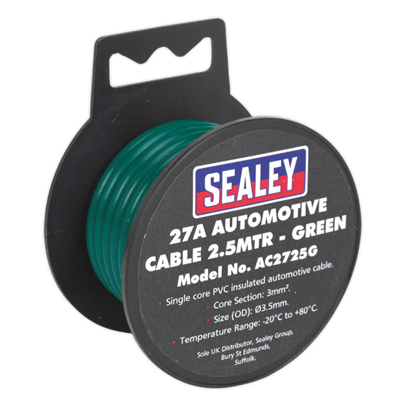 Sealey Automotive Cable Thick Wall 27A 2.5m Green AC2725G Sealey - Dynamic Drive