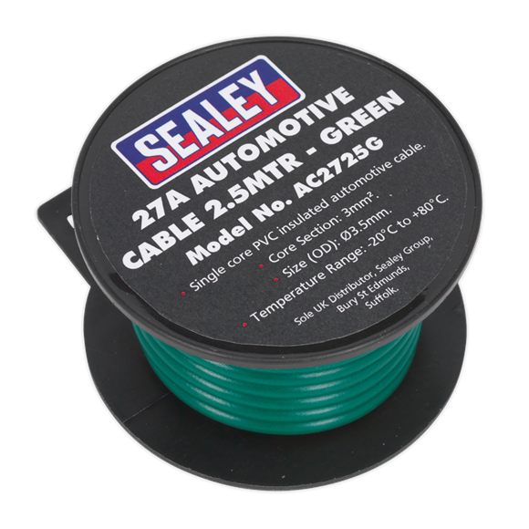 Sealey Automotive Cable Thick Wall 27A 2.5m Green AC2725G Sealey - Dynamic Drive