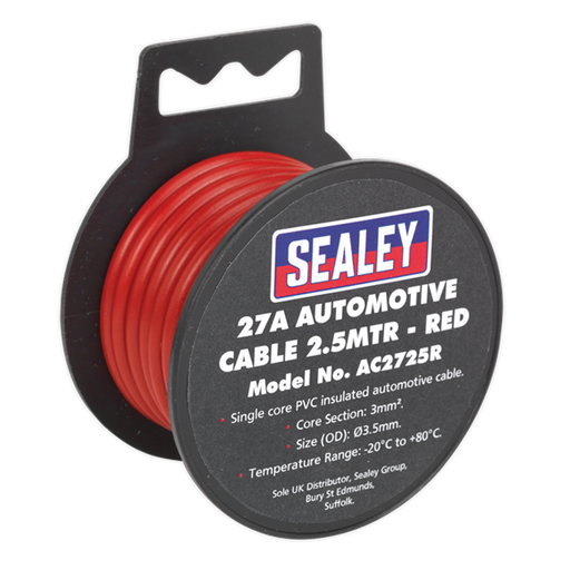 Sealey Automotive Cable Thick Wall 27A 2.5m Red AC2725R Sealey - Dynamic Drive