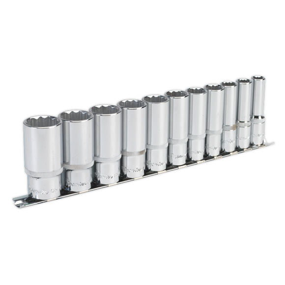 Sealey Socket Set 11pc 3/8"Sq Drive 12pt Deep WallDrive Imperial AK2673 Sealey - Dynamic Drive