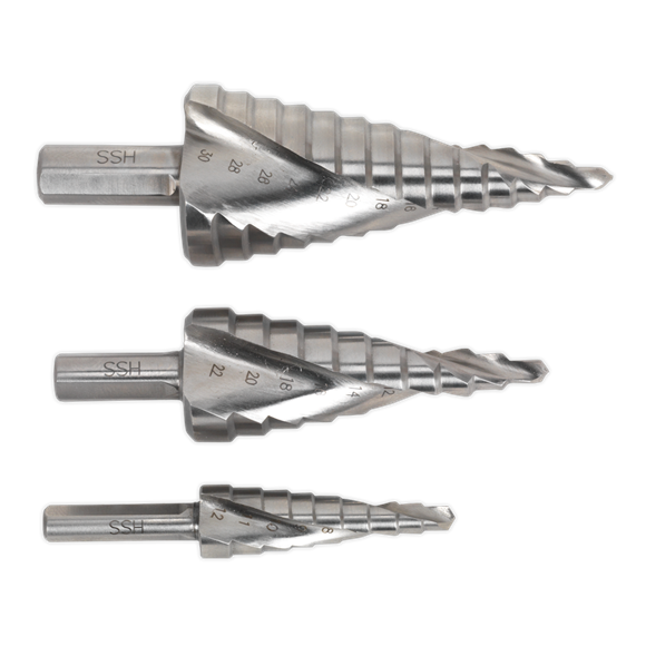 Sealey HSS M2 Step Drill Bit Set 3pc Spiral Flute AK4743 Sealey - Dynamic Drive