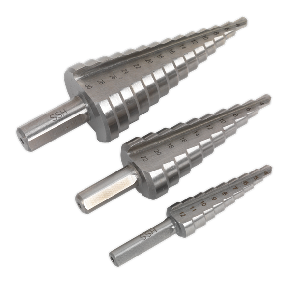 Sealey HSS 4341 Step Drill Bit Set 3pc Double Flute AK4746 Sealey - Dynamic Drive