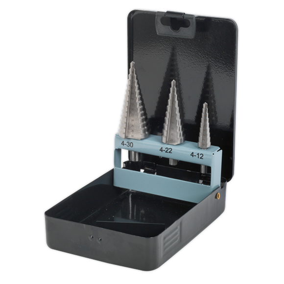 Sealey HSS 4341 Step Drill Bit Set 3pc Double Flute AK4746 Sealey - Dynamic Drive