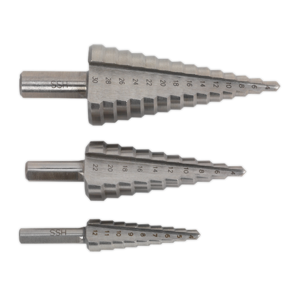 Sealey HSS 4341 Step Drill Bit Set 3pc Double Flute AK4746 Sealey - Dynamic Drive