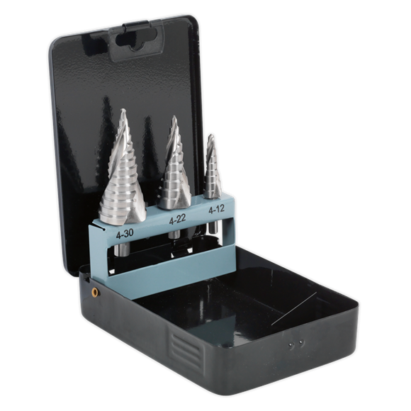 Sealey HSS 4341 Step Drill Bit Set 3pc Spiral Flute AK4749 Sealey - Dynamic Drive