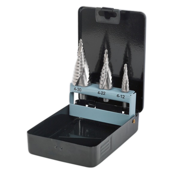 Sealey HSS 4341 Step Drill Bit Set 3pc Spiral Flute AK4749 Sealey - Dynamic Drive