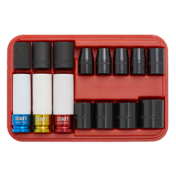 Sealey Impact Socket & Wheel Nut Remover Set 15pc 1/2"Sq Drive AK5615M Sealey - Dynamic Drive