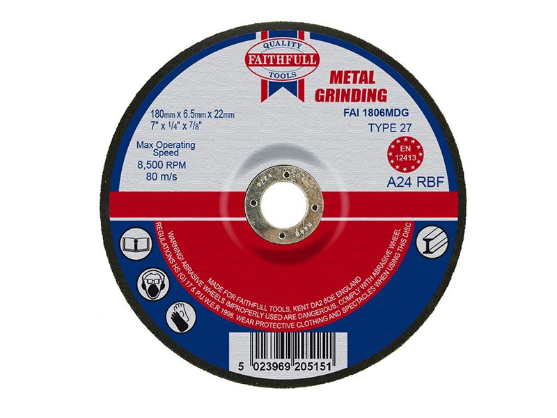 Faithfull Depressed Centre Metal Grinding Disc 180 x 6.5 x 22.23mm Faithfull - Dynamic Drive
