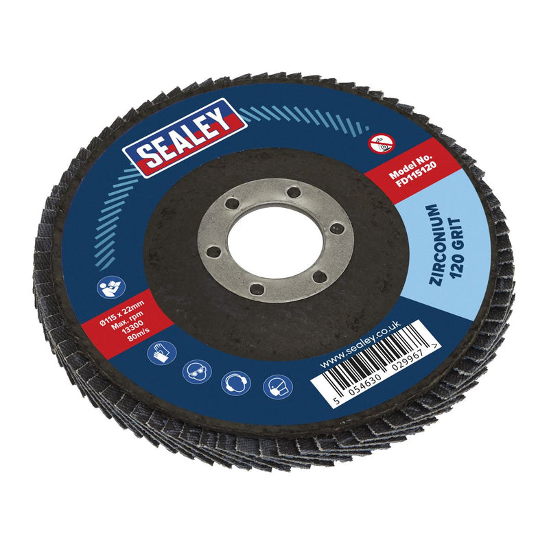 Sealey Flap Disc Zirconium115mm22mm Bore 120Grit FD115120 Sealey - Dynamic Drive