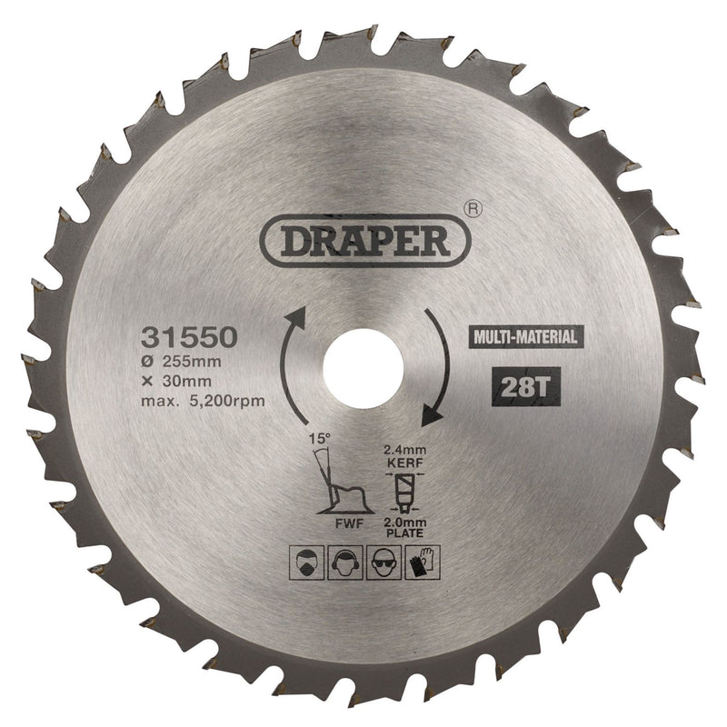 Draper TCT Multi-Purpose Circular Saw Blade, 255 x 30mm, 28T 31550 Draper - Dynamic Drive