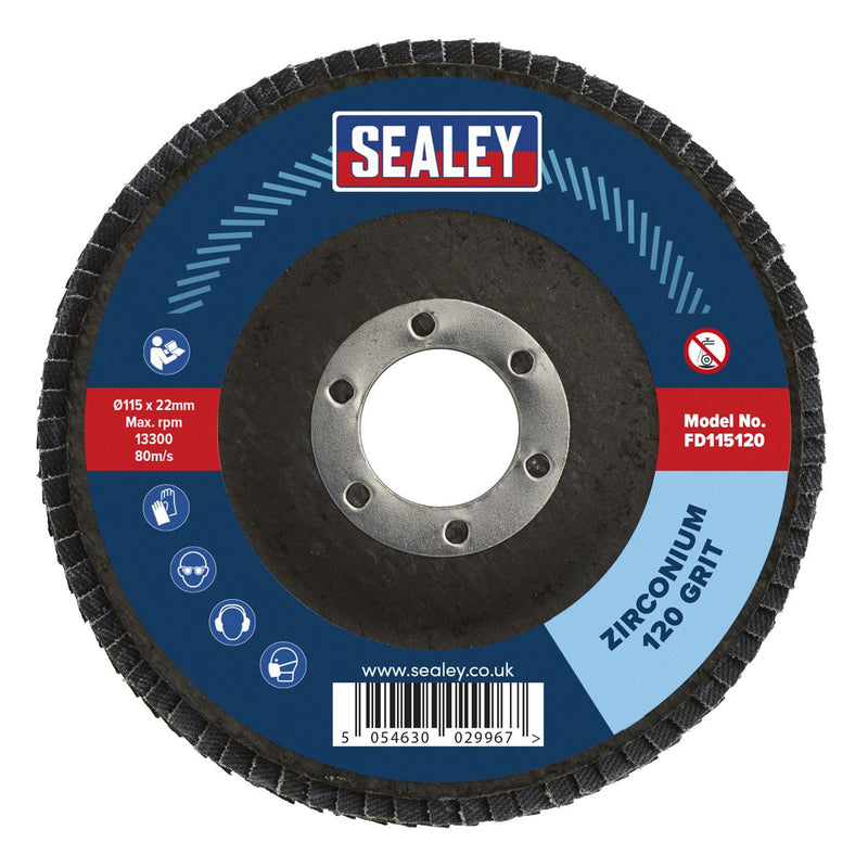 Sealey Flap Disc Zirconium115mm22mm Bore 120Grit FD115120 Sealey - Dynamic Drive