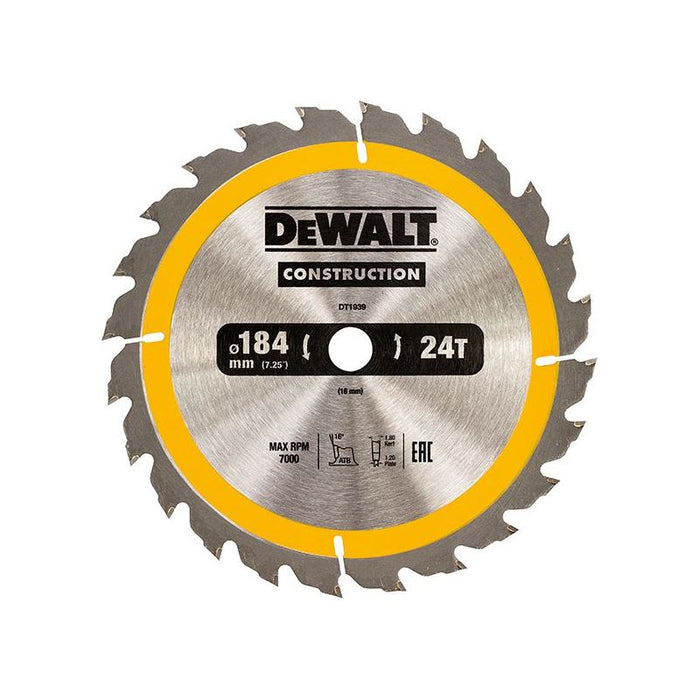 Dewalt Power Tools Portable Construction Circular Saw Blade 184 x 16mm x 24T DeWALT Power Tools - Dynamic Drive