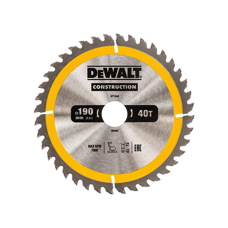 Dewalt Power Tools Portable Construction Circular Saw Blade 190 x 30mm x 40T DeWALT Power Tools - Dynamic Drive