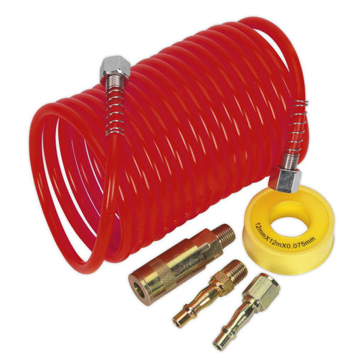 Sealey PE Coiled Air Hose Kit with Connectors 5m x 5mm AHK03 Sealey - Dynamic Drive