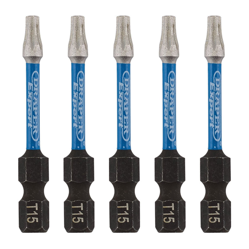 Draper Expert TX-STAR Impact Screwdriver Bits, T15 x 50mm, 1/4" Hex (Pack of 5) Draper - Dynamic Drive