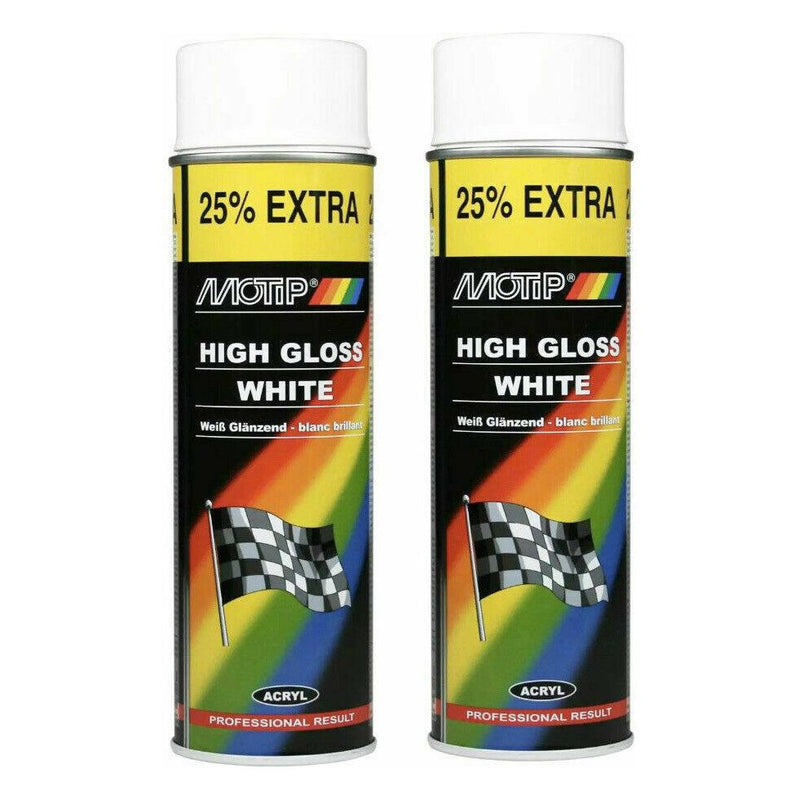 2 x Motip HIGH GLOSS WHITE Spray Paint Metal Wood Glass Plastic 500ml Motip  - Dynamic Drive