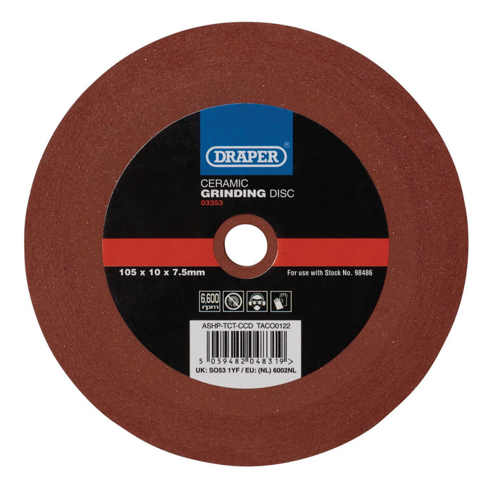 Draper Ceramic Grinding Disc, 105 x 10 x 7.5mm 03353 Draper - Dynamic Drive