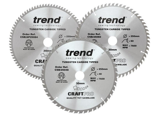 Trend CraftPro Table Saw Blade 250 x 30mm x 48T/60T/84T (Pack 3) Trend - Dynamic Drive