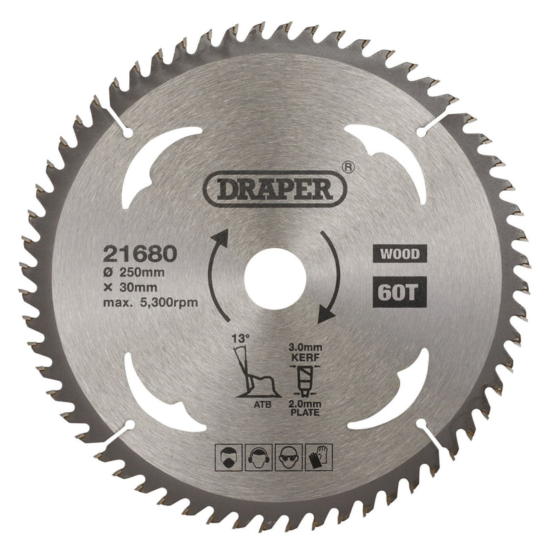 Draper TCT Circular Saw Blade for Wood, 250 x 30mm, 60T 21680 Draper - Dynamic Drive