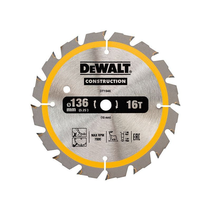 Dewalt Power Tools Cordless Construction Trim Saw Blade 136 x 10mm x 16T DeWALT Power Tools - Dynamic Drive