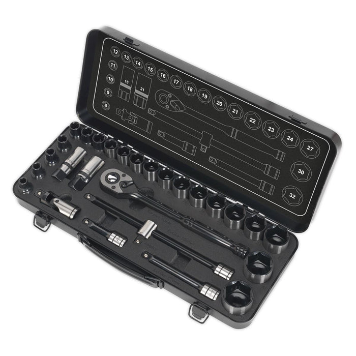 Sealey Socket Set 28pc 1/2"Sq Dr 6pt WallDrive Metric Black Series AK7972 Sealey  - Dynamic Drive